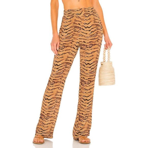 WeWoreWhat Smocked Flare Pants Tan Tiger Print Danielle Bernstein Revolve